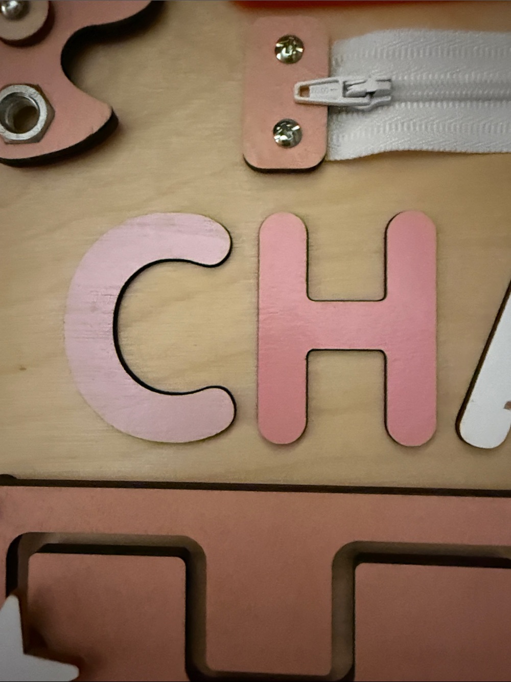 Wooden Activity Board for Girls- Personalized Pink and Natural for Charlie - Picture 3 of 13